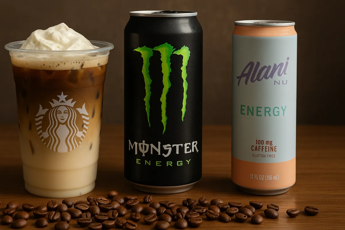 An assortment of popular caffeinated drinks on a table