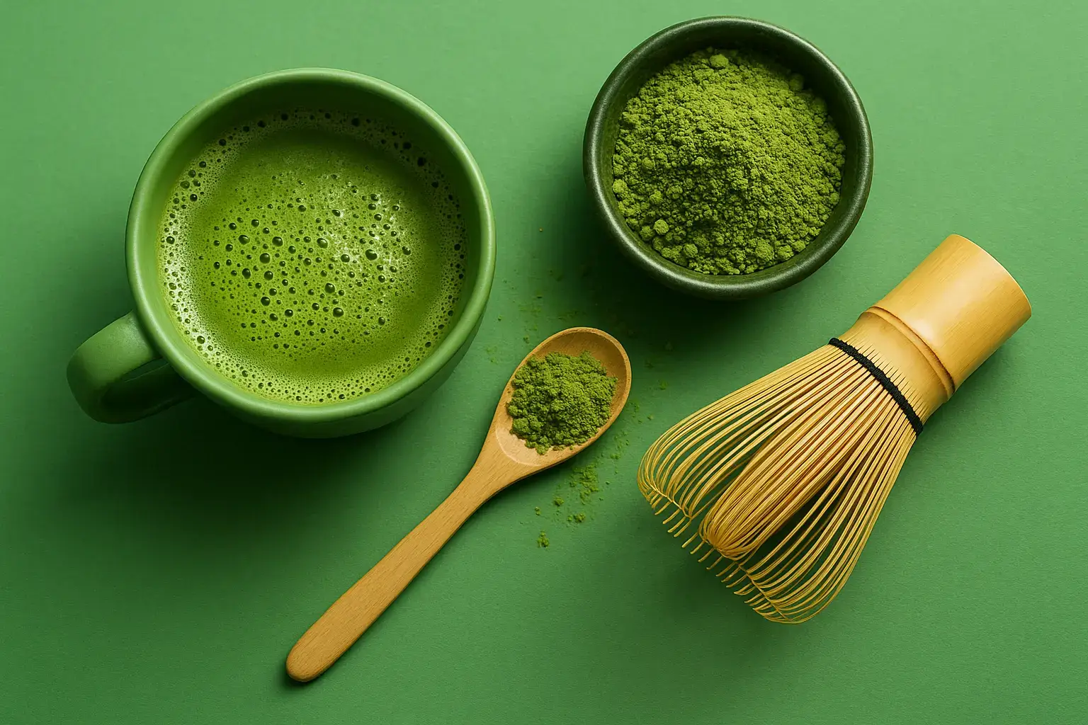 Illustration showing matcha tea preparation